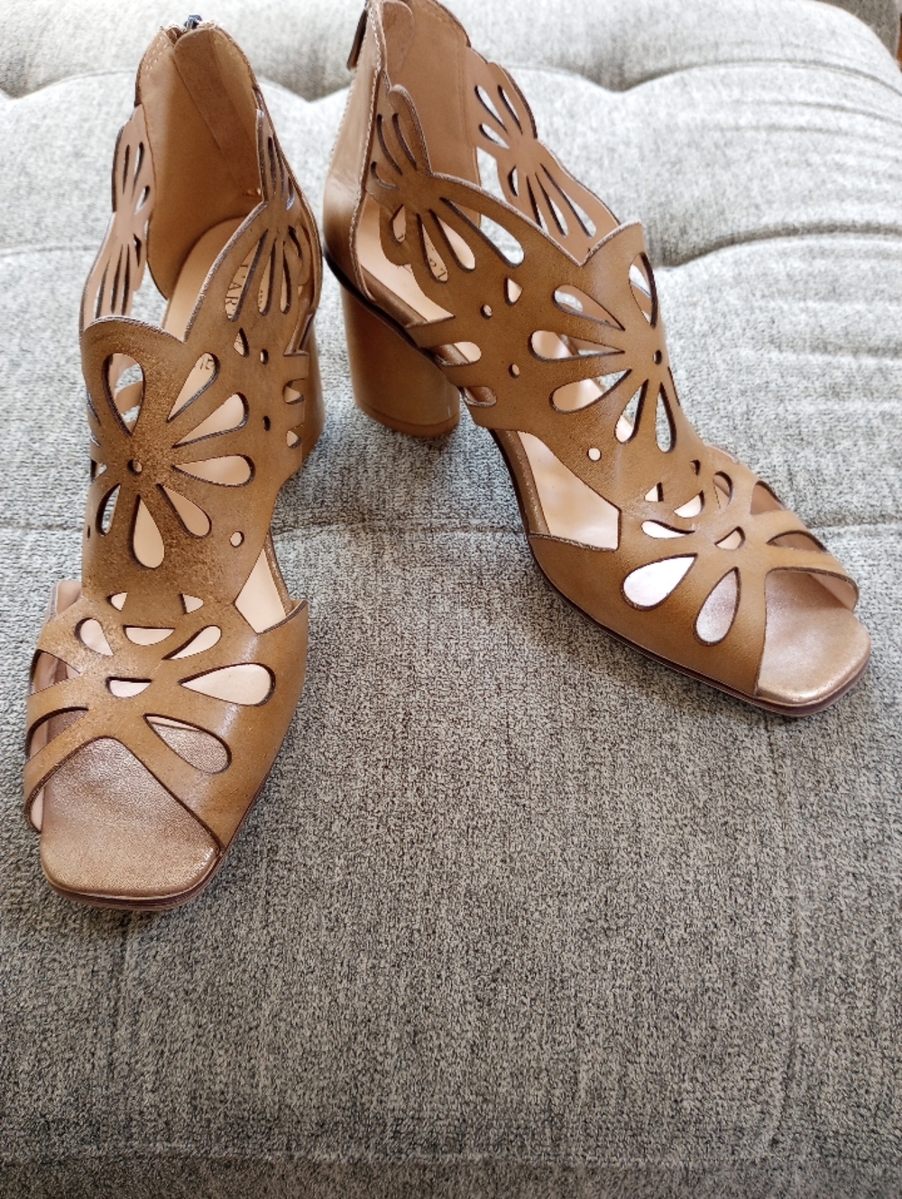 L'artiste Tan Leather Flamenco Block Heel Zipper Back Size Euro 42 10.5 11 New! - Picture 2 of 14
